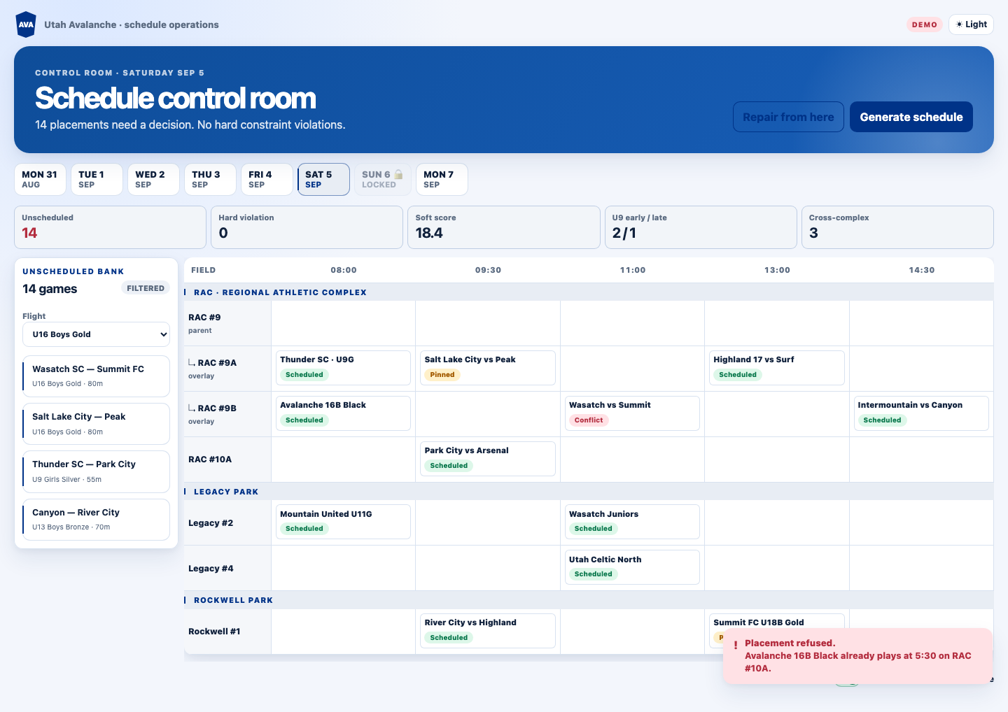 Control room coordinator board in light mode