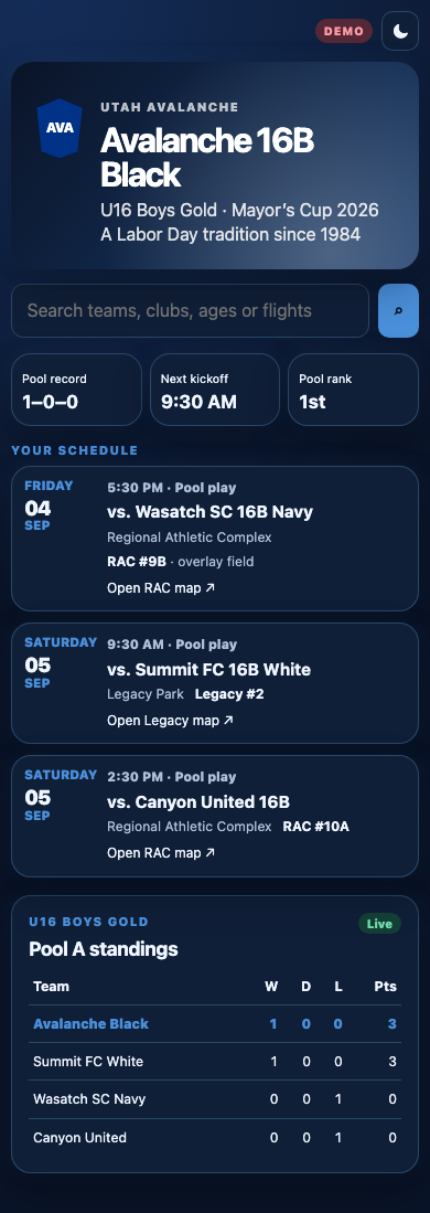 Control room team schedule in dark mode