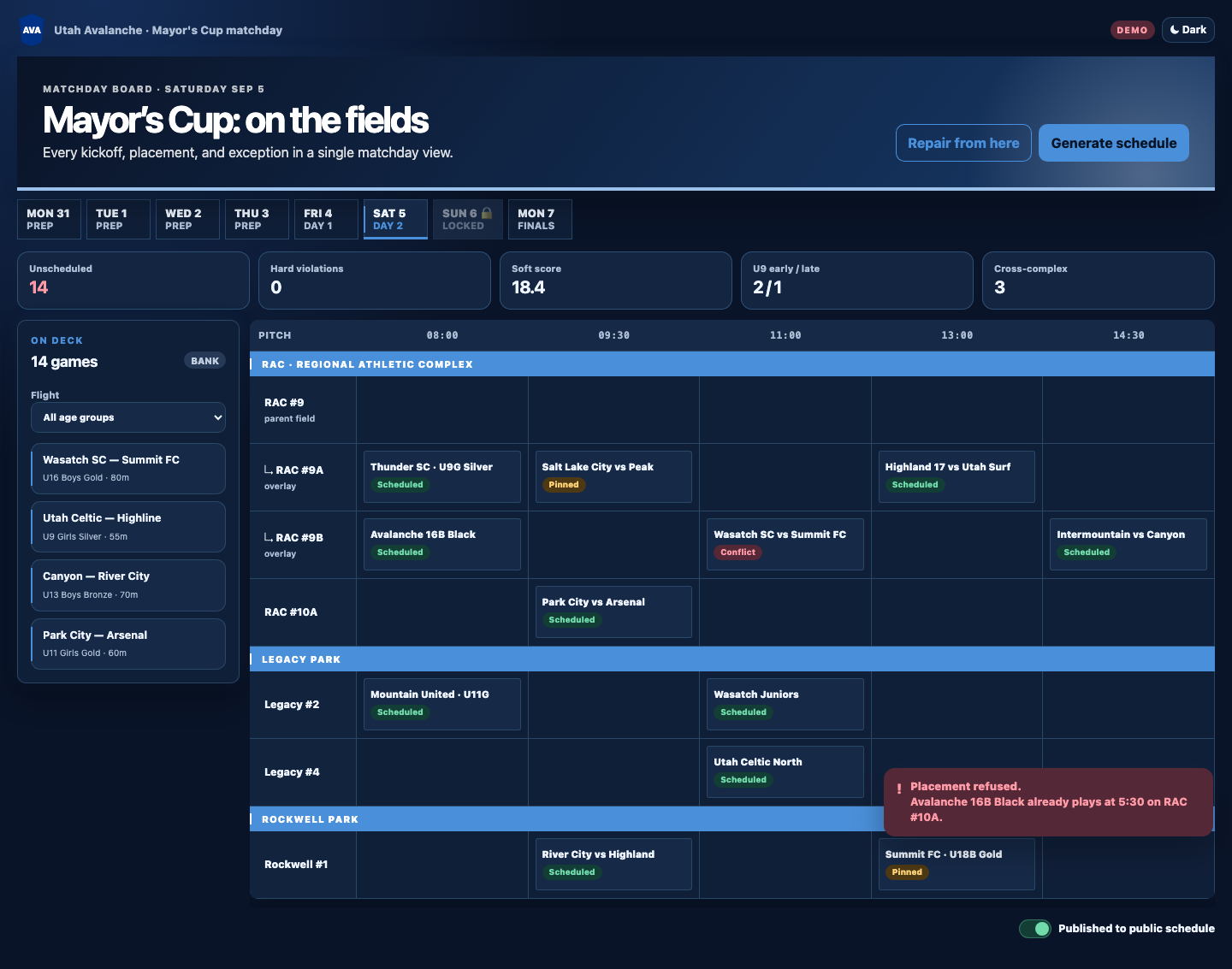Matchday coordinator in dark mode