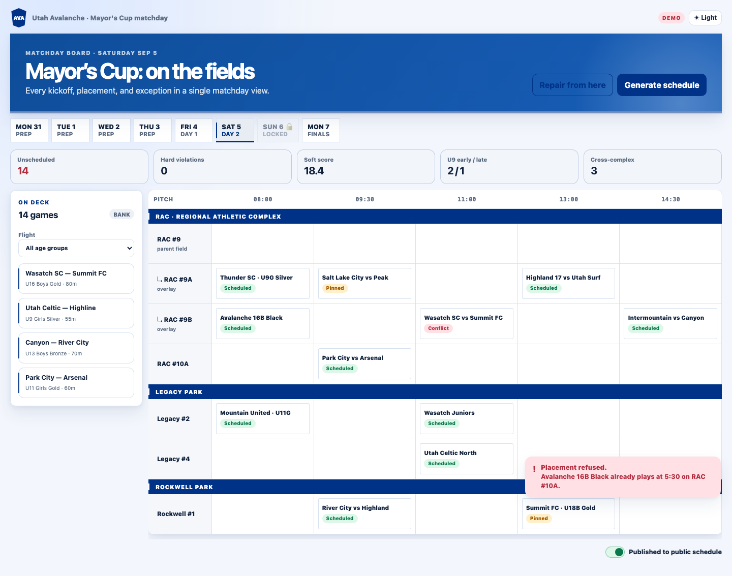 Matchday coordinator board in light mode