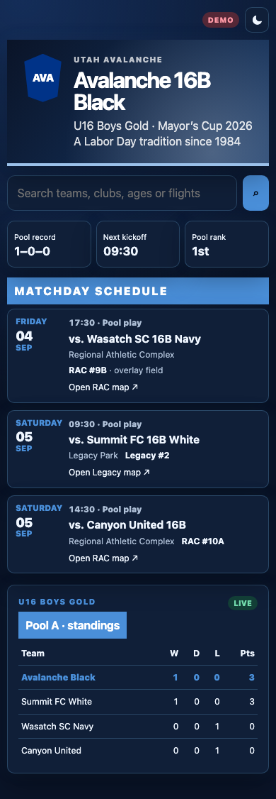 Matchday team schedule in dark mode