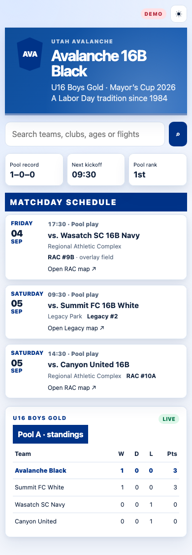 Matchday team schedule in light mode